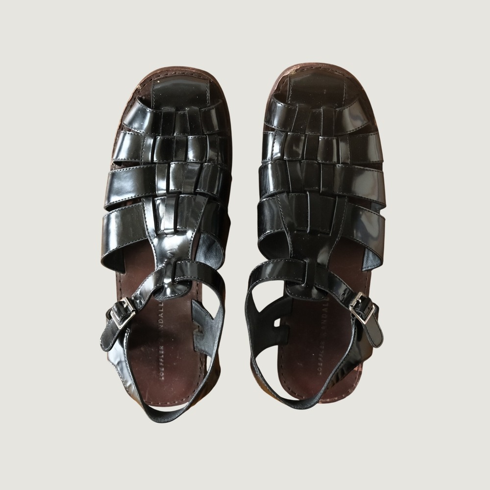 Loeffler Randall Fisherman Sandals Black Leather Woven Cage Flat Buckle Size 10B